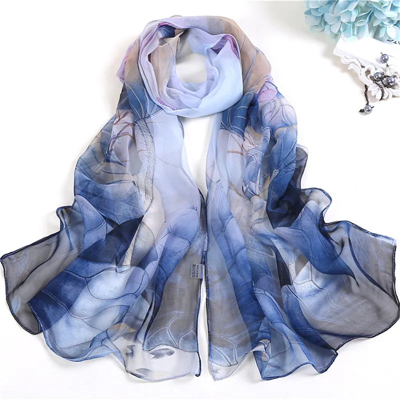 Elegant floral silk scarf by RUNMEIFA, used as a summer headscarf or body wrap