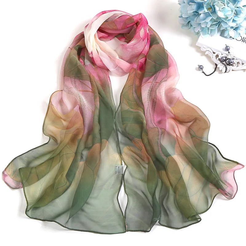 Elegant floral silk scarf by RUNMEIFA, used as a summer headscarf or body wrap
