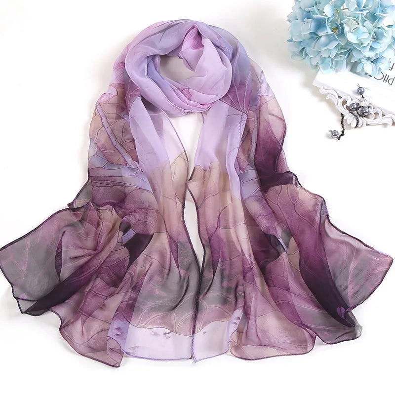 Elegant floral silk scarf by RUNMEIFA, used as a summer headscarf or body wrap