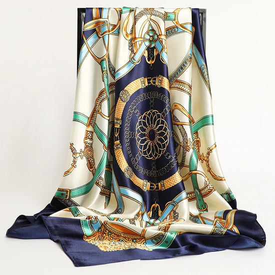 Big square silk handkerchief scarf styled as a shawl or fashionable hair wrap for wome