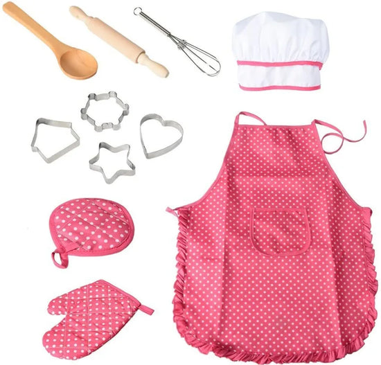 Apron for Little Girls Kids Cooking Baking Set Chef Hat Mitt & Utensil for Toddler Play House Toys Chef Costume Role Play