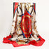 Big square silk handkerchief scarf styled as a shawl or fashionable hair wrap for wome