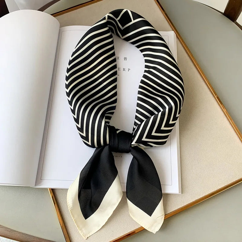 Luxury brand silk plaid square scarf for women, styled as a neck or hair tie