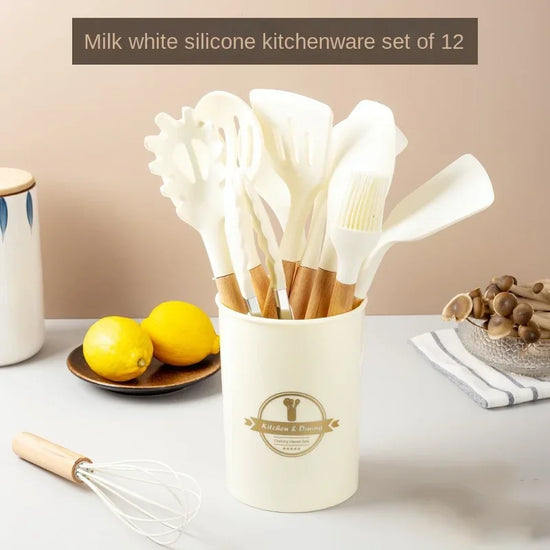 12-piece silicone kitchen utensil set with wooden handles and non-stick design