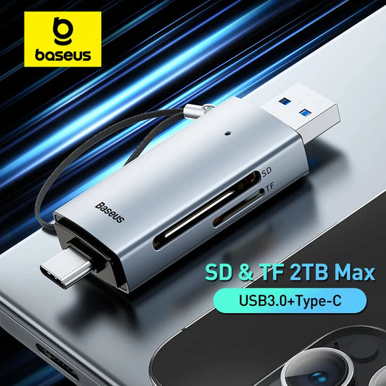 Dual-interface Baseus card reader with USB-C and USB 3.0 connectors