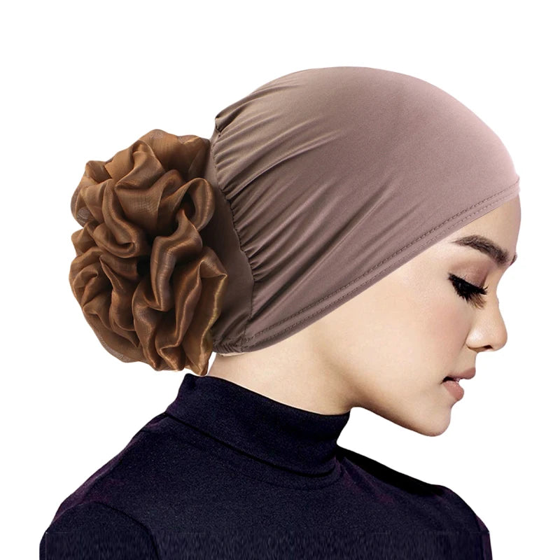 Elastic hair band turban for women, comfortable beanie style with flower accent