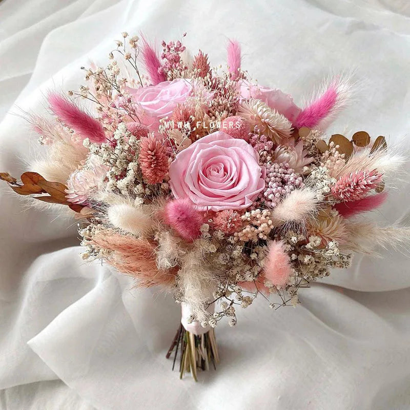 Wedding Bridal Bouquet Natural Baby'sBreath Eternal Rose Bridal Bridesmaid Hand Flowers Wedding,Engagement Valentines Day Decor