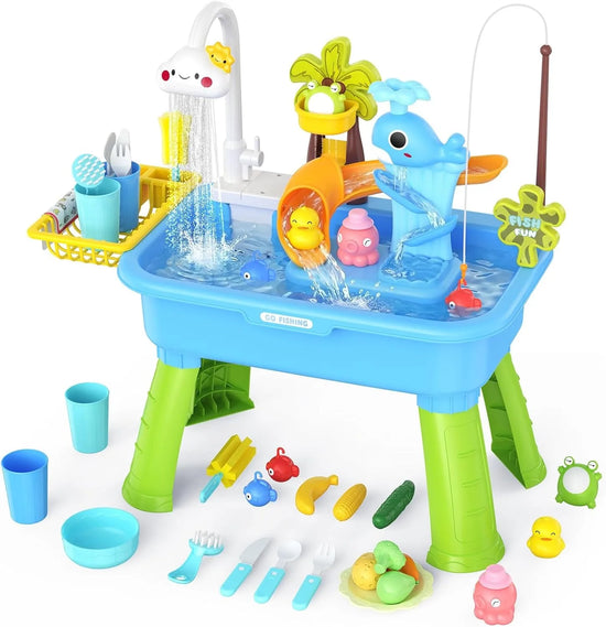 2026 Upgraded Toddler Water Table Kitchen Play Sink Toy Electric Pump Running Water Sensory Fishing Game Summer Outdoor Toys
