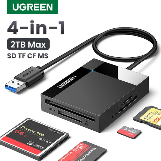 UGREEN 4-in-1 USB 3.0 and USB-C card reader for SD, Micro SD, CF, and MS cards