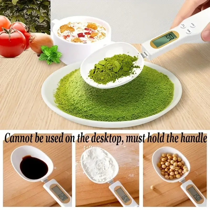 Electronic kitchen scale measuring 0.1–500g with detachable spoon