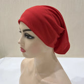 Lightweight spandex turban bonnet in beige, styled under a chiffon hijab