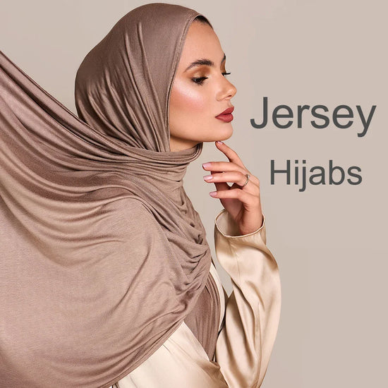 Long Muslim shawl made of modal cotton jersey fabric, wrapped elegantly around the head and ne