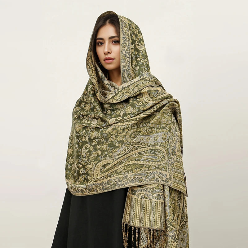 Soft and warm cashmere hijab with bohemian print, styled as a headscarf or wrap