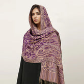 Soft and warm cashmere hijab with bohemian print, styled as a headscarf or wrap