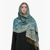 Soft and warm cashmere hijab with bohemian print, styled as a headscarf or wrap