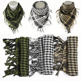 Arab shemagh scarf with traditional houndstooth pattern, styled as a face and neck wrap for sun protection