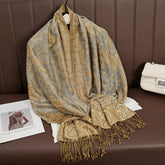 Soft and warm cashmere hijab with bohemian print, styled as a headscarf or wrap