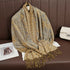 Soft and warm cashmere hijab with bohemian print, styled as a headscarf or wrap