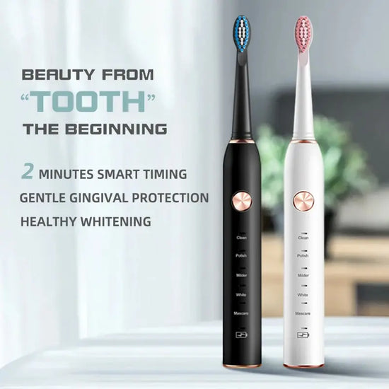 IPX7 waterproof Jianpai electric toothbrushes in black and white with ergonomic design and replaceable brush heads