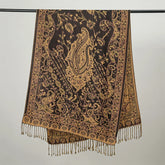 Soft and warm cashmere hijab with bohemian print, styled as a headscarf or wrap