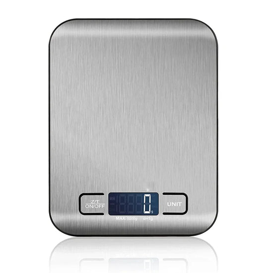 Electronic food weighing scale with tare function and backlit LCD screen