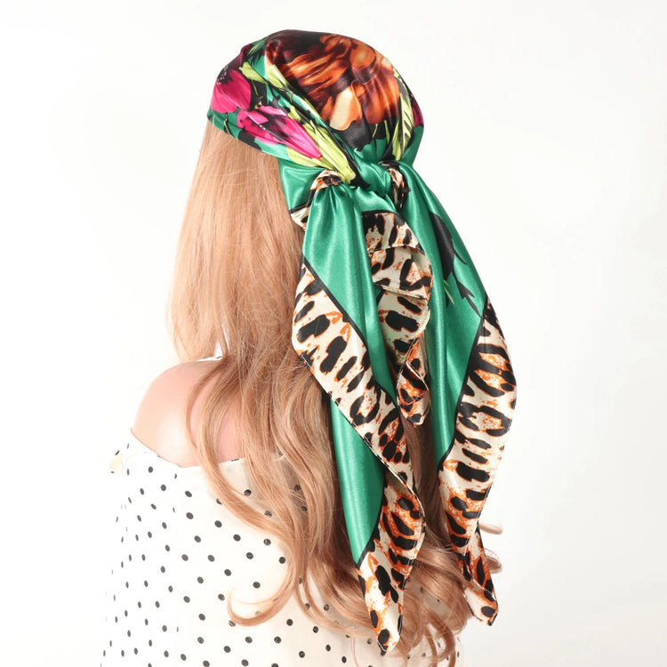 Luxury brand silk scarf for women, 90x90cm square, worn as a summer hijab or hair wrap