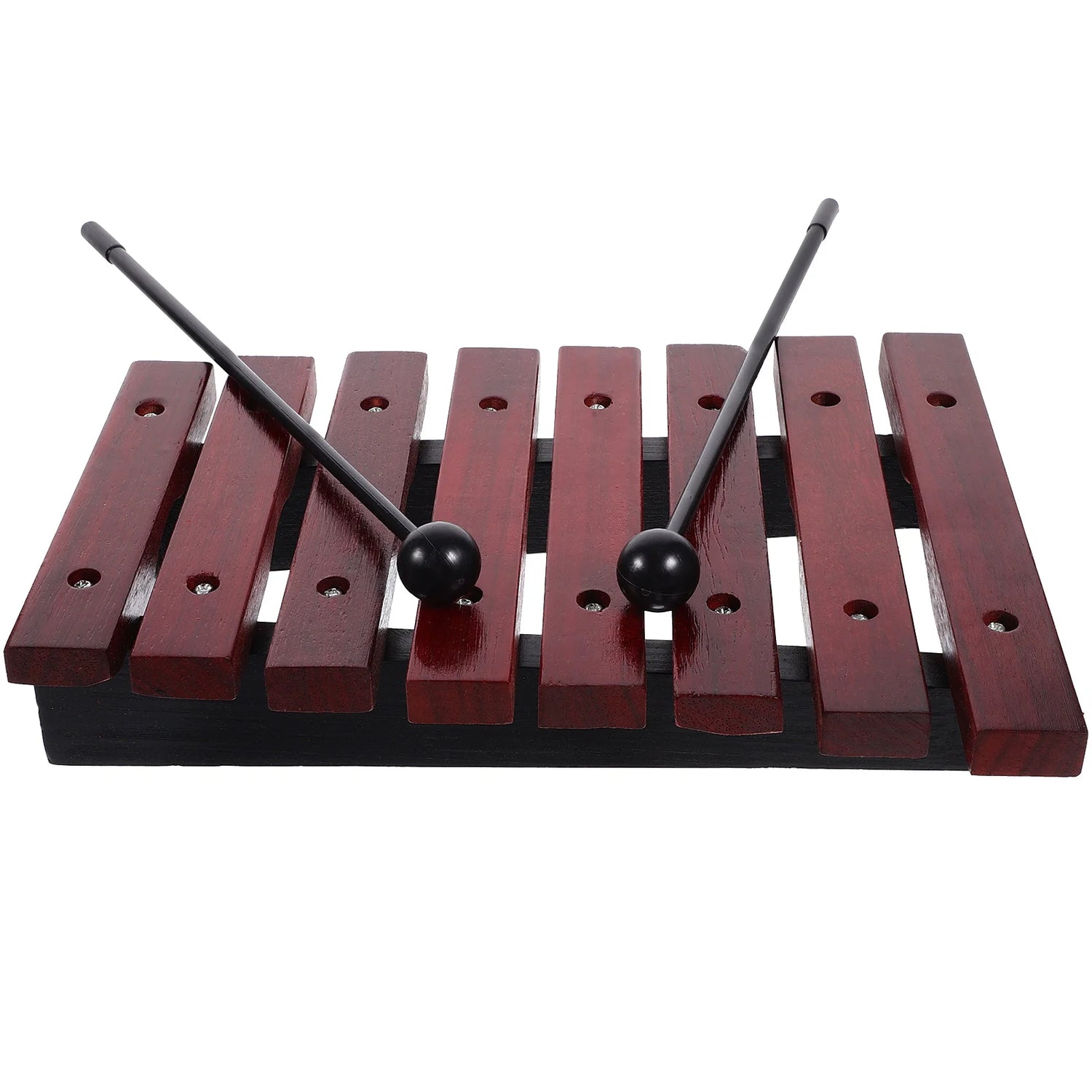 Children’s wooden xylophone featuring eight tuned metal bars and two wooden mallets