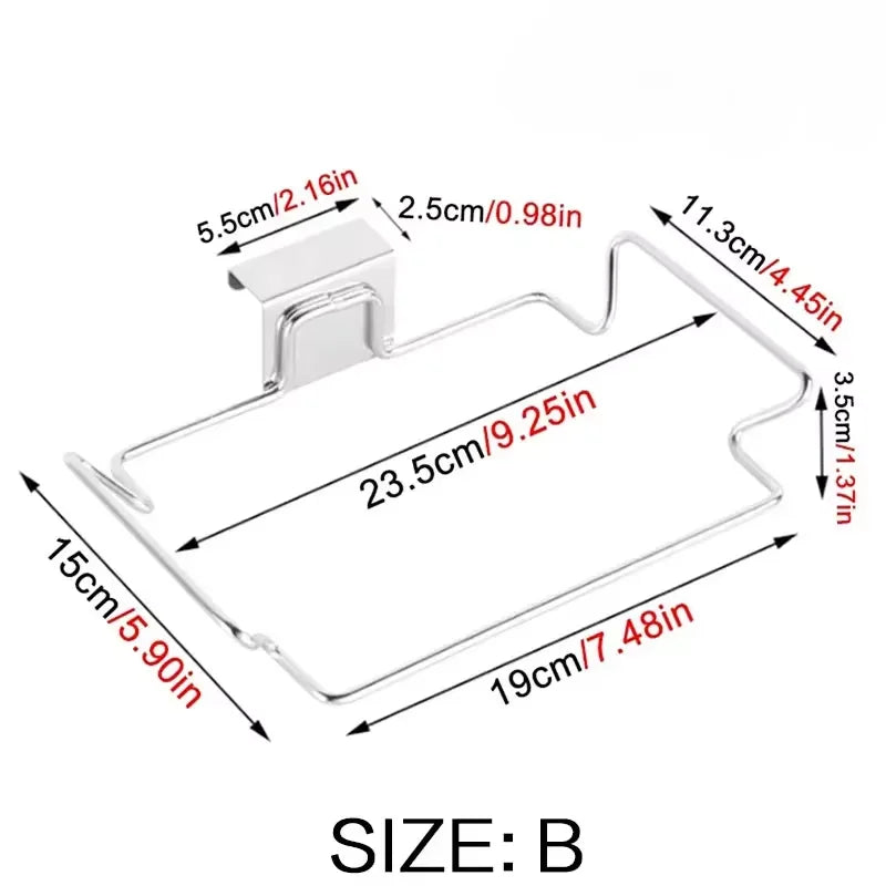 Space-saving kitchen trash rack for cabinet door garbage bag organization