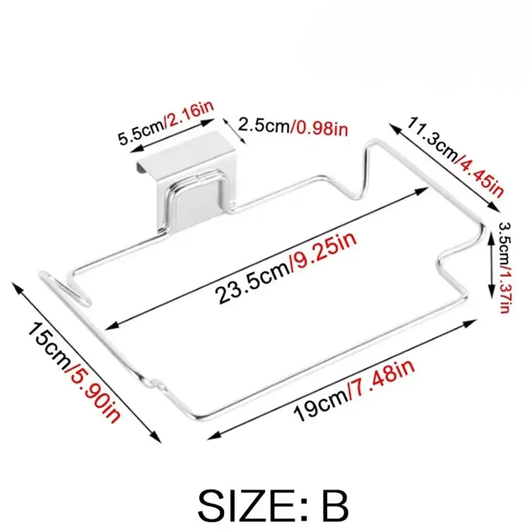 Space-saving kitchen trash rack for cabinet door garbage bag organization