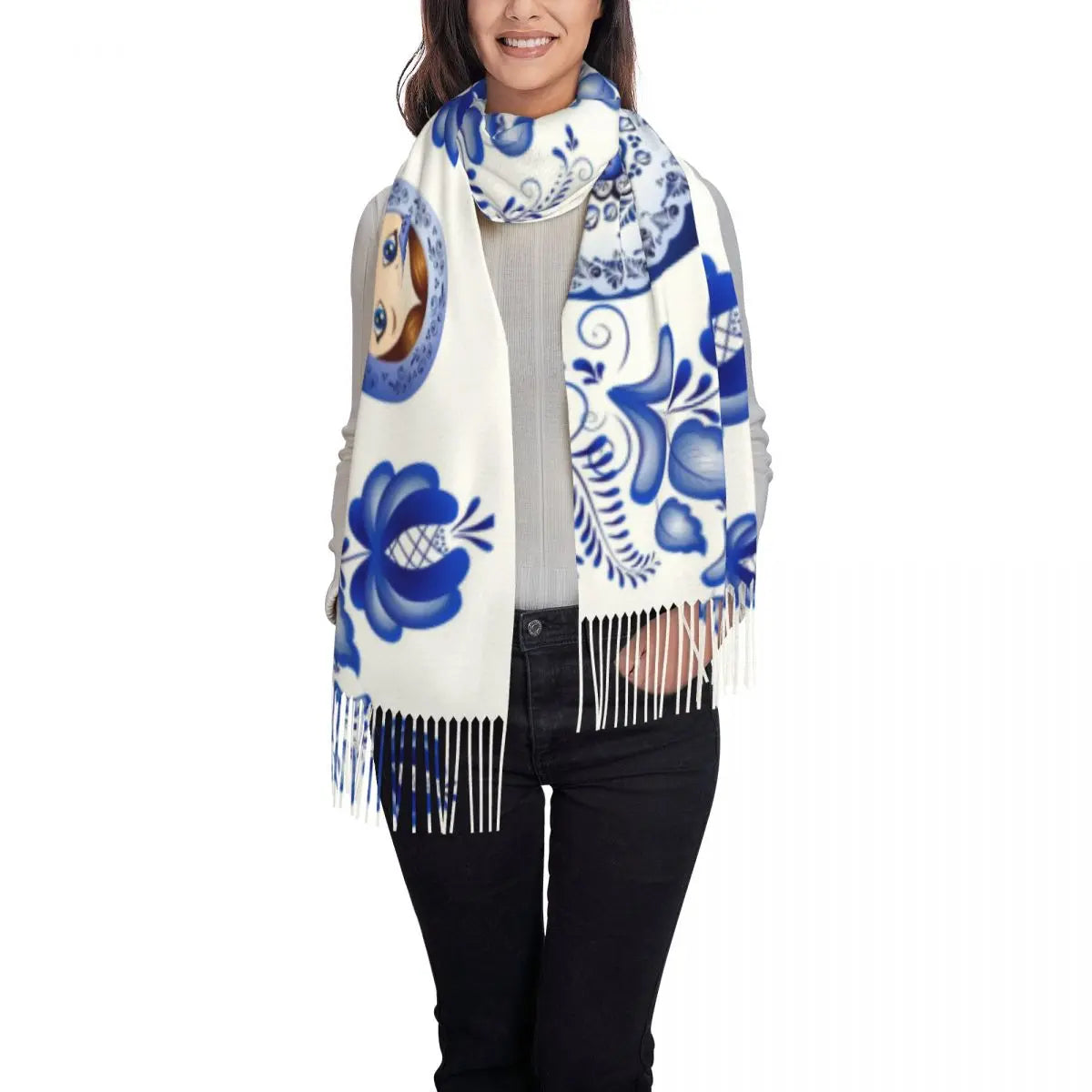 Soft and cozy scarf with colorful Matryoshka doll design