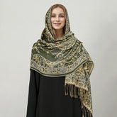 Soft and warm cashmere hijab with bohemian print, styled as a headscarf or wrap