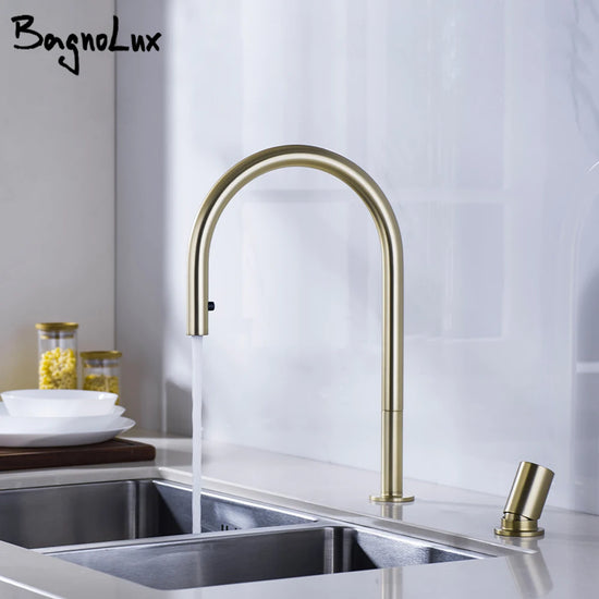 Brushed Gold Kitchen Faucet Invisible Pull Out Spray Mixer Double Hole Single Handle Solid Brass Hot and Cold Separate Sink Tap