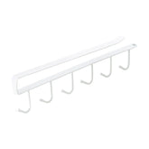Space-saving coffee cup rack with six hooks for cabinet or shelf mounting