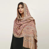 Soft and warm cashmere hijab with bohemian print, styled as a headscarf or wrap