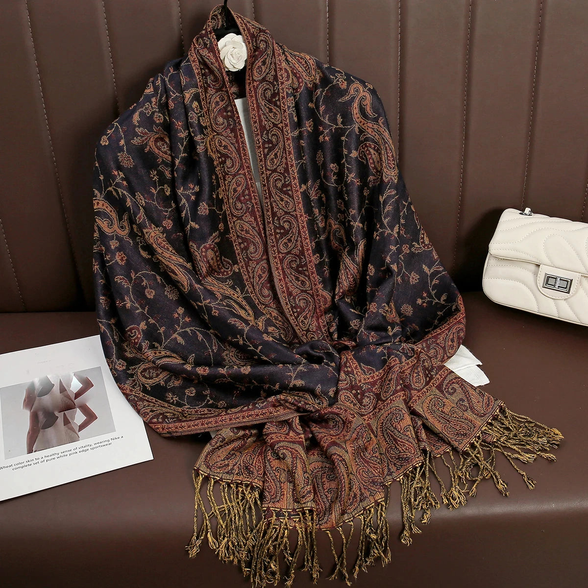 Soft and warm cashmere hijab with bohemian print, styled as a headscarf or wrap