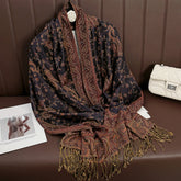 Soft and warm cashmere hijab with bohemian print, styled as a headscarf or wrap