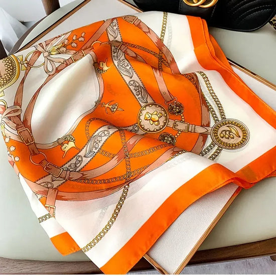 Elegant satin bandana scarf styled as a head wrap for women