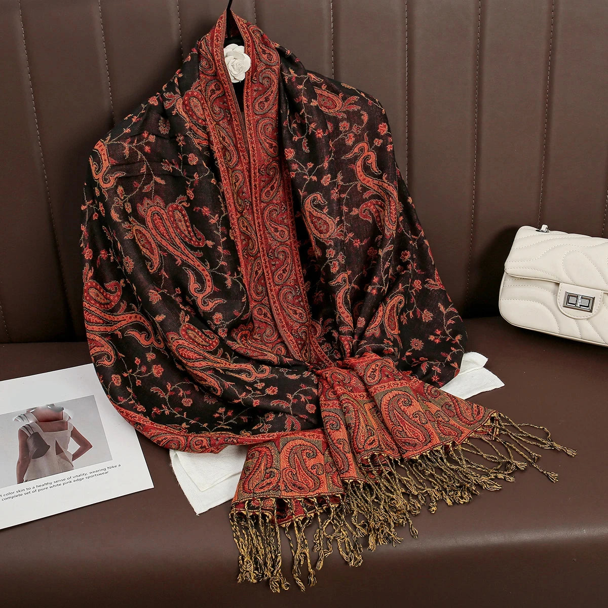 Soft and warm cashmere hijab with bohemian print, styled as a headscarf or wrap
