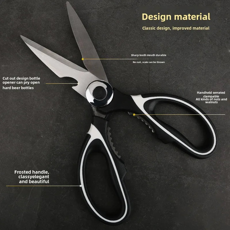 Heavy-duty stainless steel kitchen scissors with thickened blades for cutting chicken bones