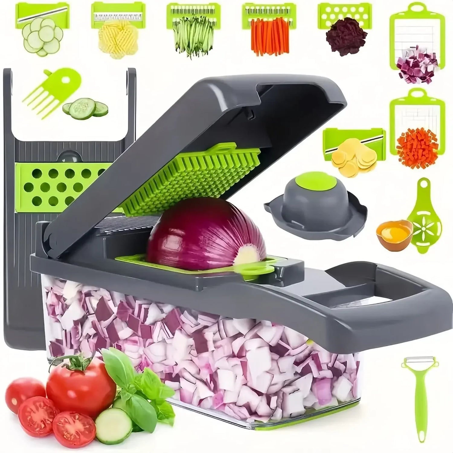 14-in-1 multifunctional vegetable chopper with ergonomic handle and stainless steel blades