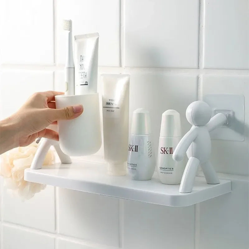 Self-adhesive plastic bathroom shelf for shampoo and towel storage