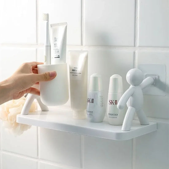 Self-adhesive plastic bathroom shelf for shampoo and towel storage