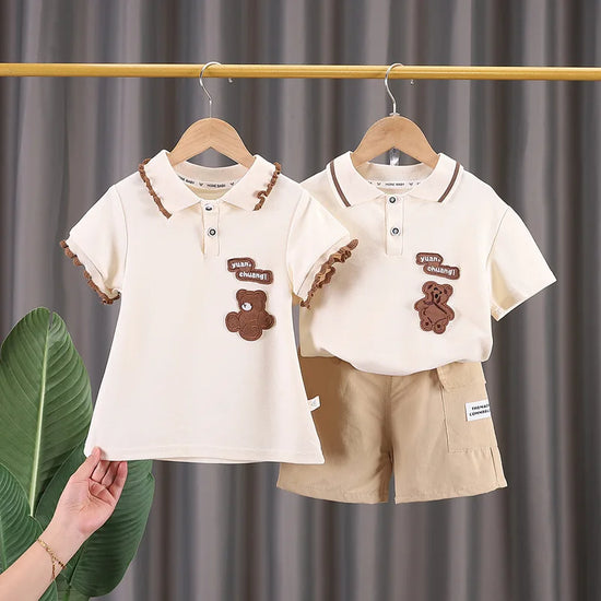 0-5Y New Baby Brother and Sister Clothing Set Summer Kids Cartoon Bear TShirt Shorts& Dress Fashion Children Clothing Polo Set