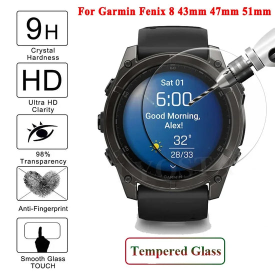 Tempered glass screen protector for Garmin Fenix 8 (43mm) with 9H hardness and bubble-free installation