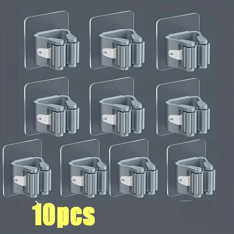 Mop and broom organizer with hooks for wall mounting