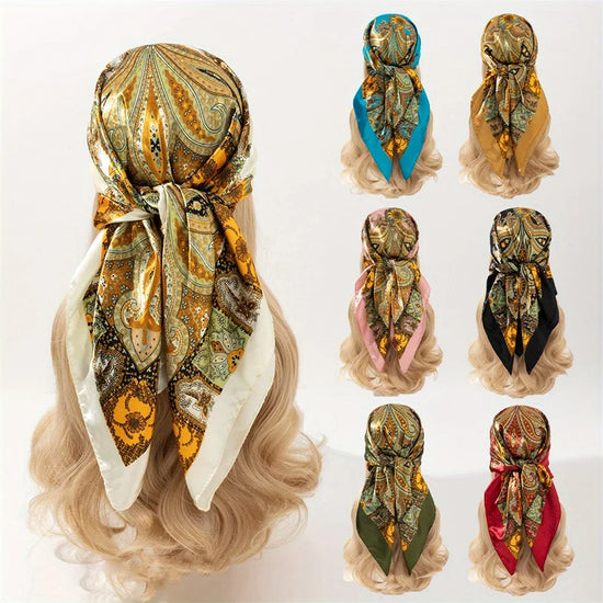 Elegant paisley print scarf styled as a fashionable necktie or handbag accessory