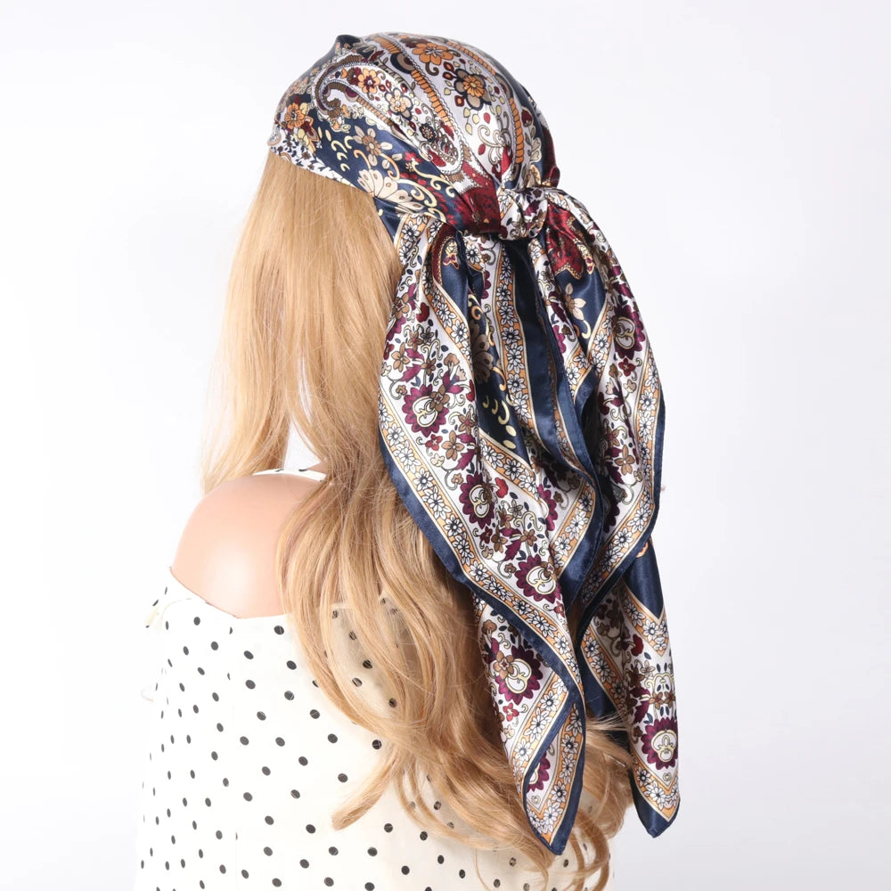 Luxury brand silk scarf for women, 90x90cm square, worn as a summer hijab or hair wrap