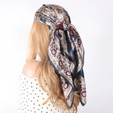 Luxury brand silk scarf for women, 90x90cm square, worn as a summer hijab or hair wrap