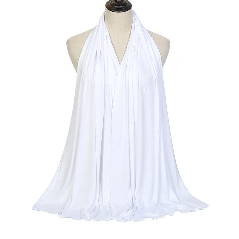 Long Muslim shawl made of modal cotton jersey fabric, wrapped elegantly around the head and ne