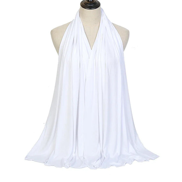 Long Muslim shawl made of modal cotton jersey fabric, wrapped elegantly around the head and ne